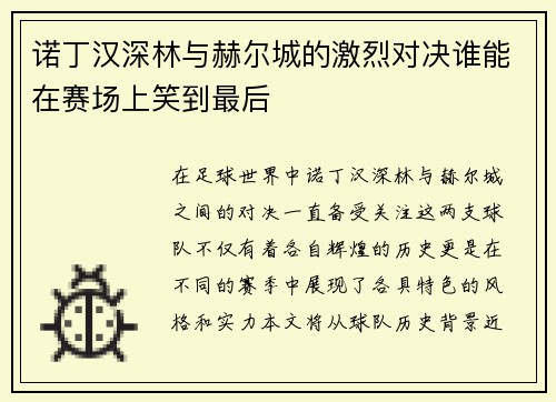 诺丁汉深林与赫尔城的激烈对决谁能在赛场上笑到最后